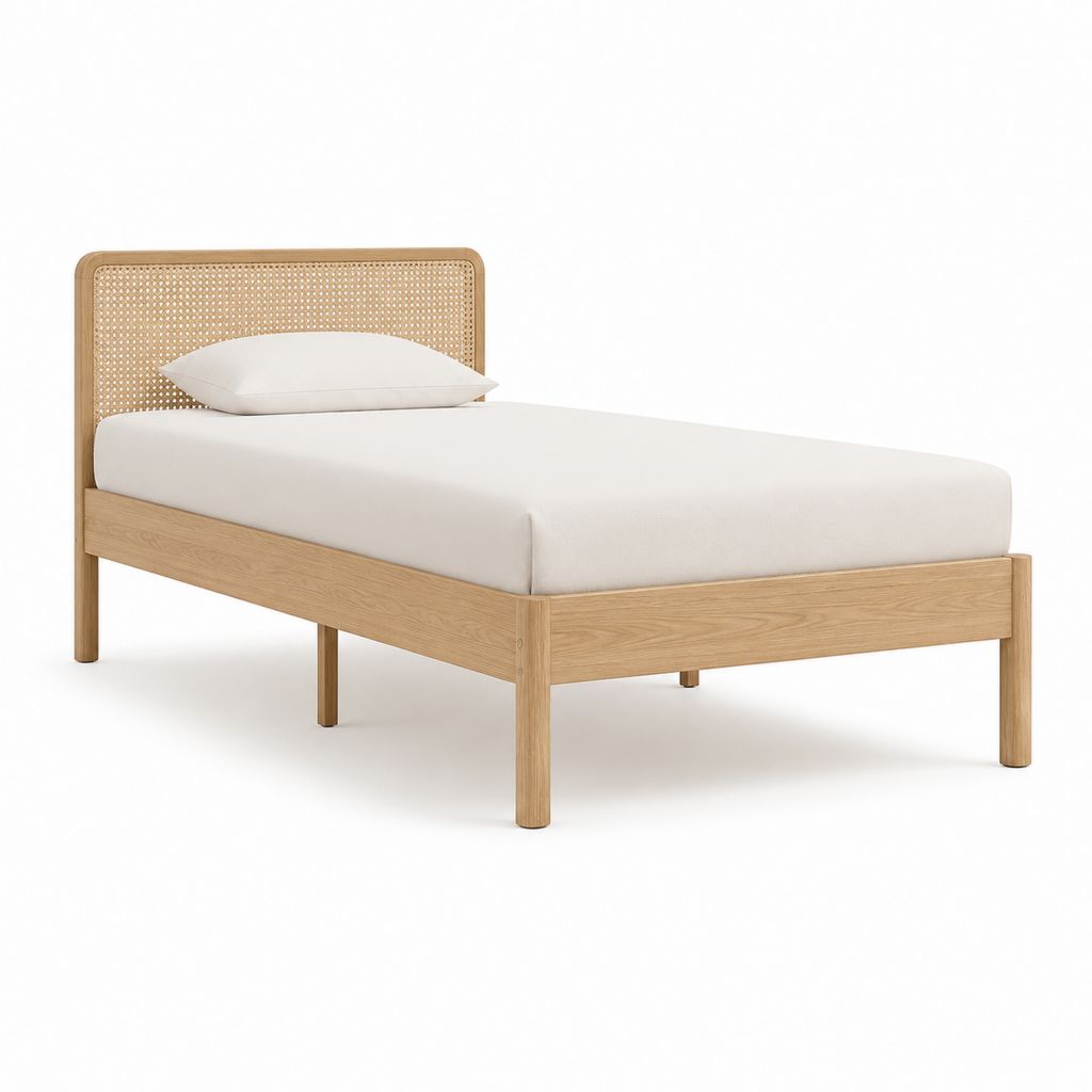 Einzelbett Bettgestell Natur aus massivem Eichenholz und Rattan rechteckig 90 x 200 cm