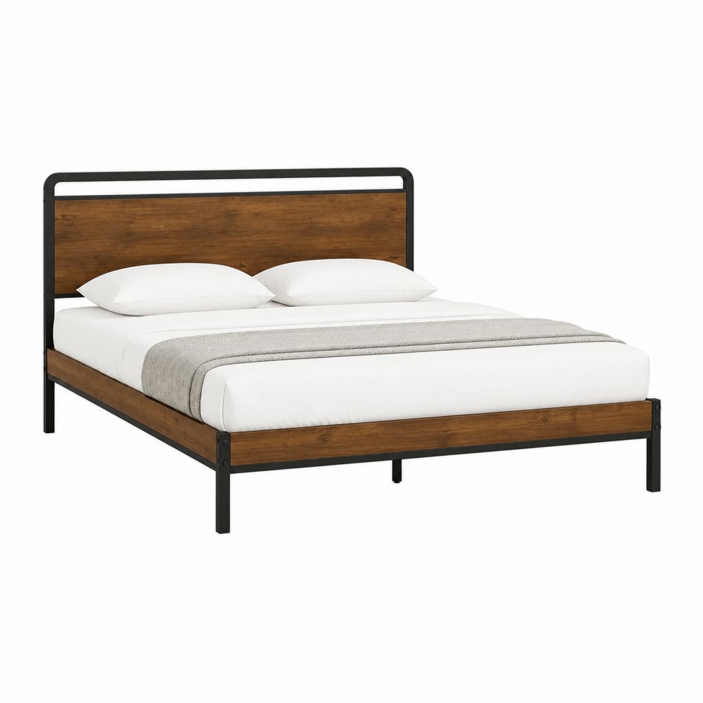 Doppelbett Bettgestell Braun Schwarz aus Stahl und MDF mit Holzdekor 160 x 200 cm