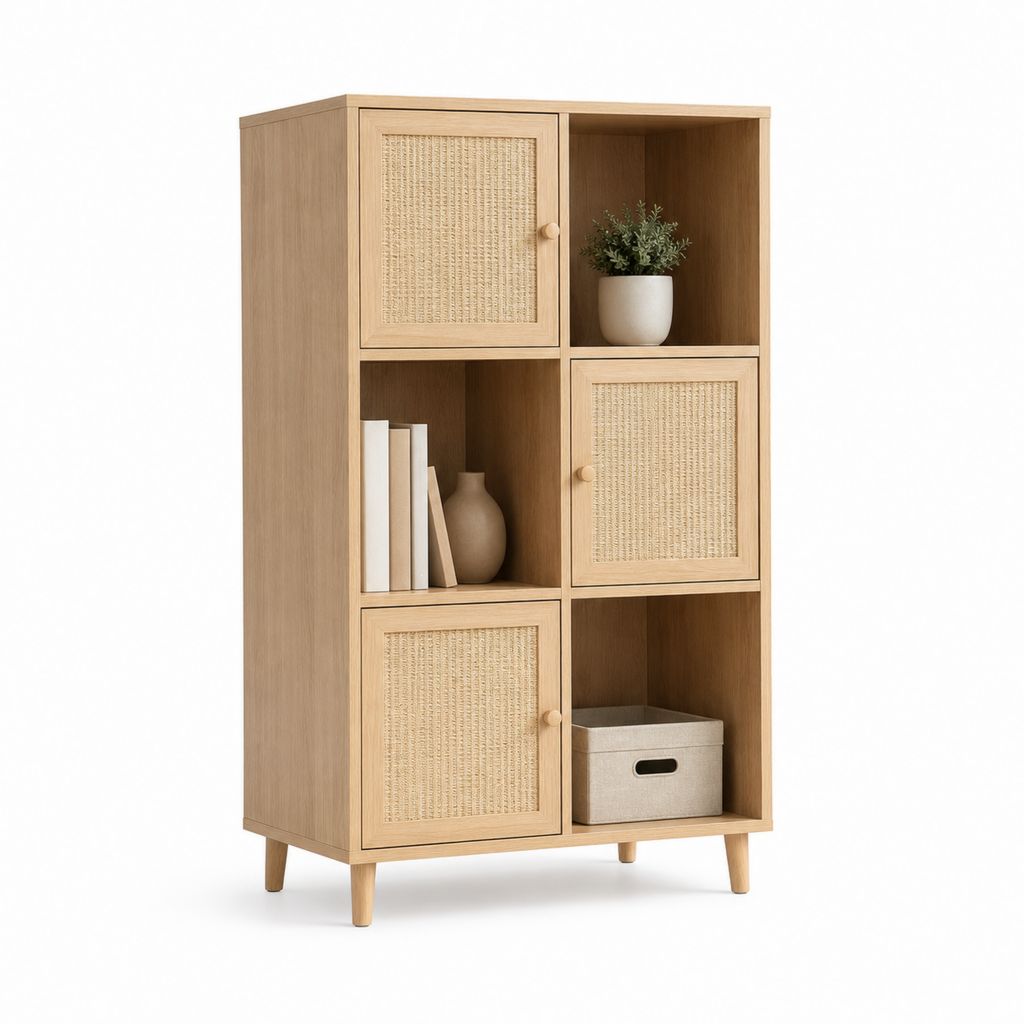 Bücherregal mit Türen und offenen Fächern Hellbraun MDF Rattanoptik 80 x 35 x 160 cm