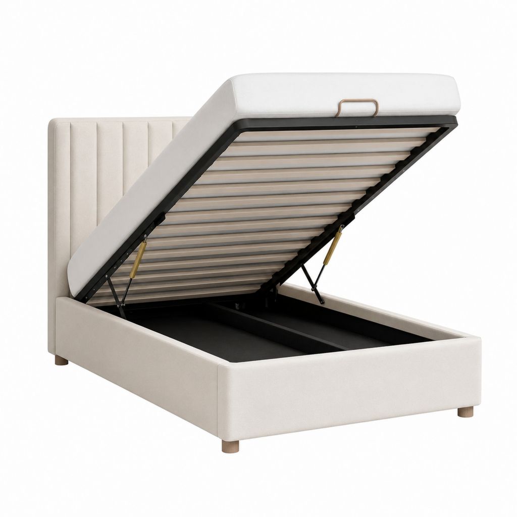 Polsterbett mit Bettkasten Beige aus Polyester und Stahl 160 x 200 cm