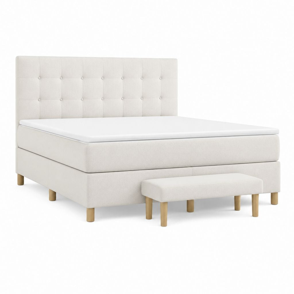 Boxspringbett Set Beige mit Polyesterbezug und Holzfüßen inklusive Matratze und Bank 180 x 200 cm