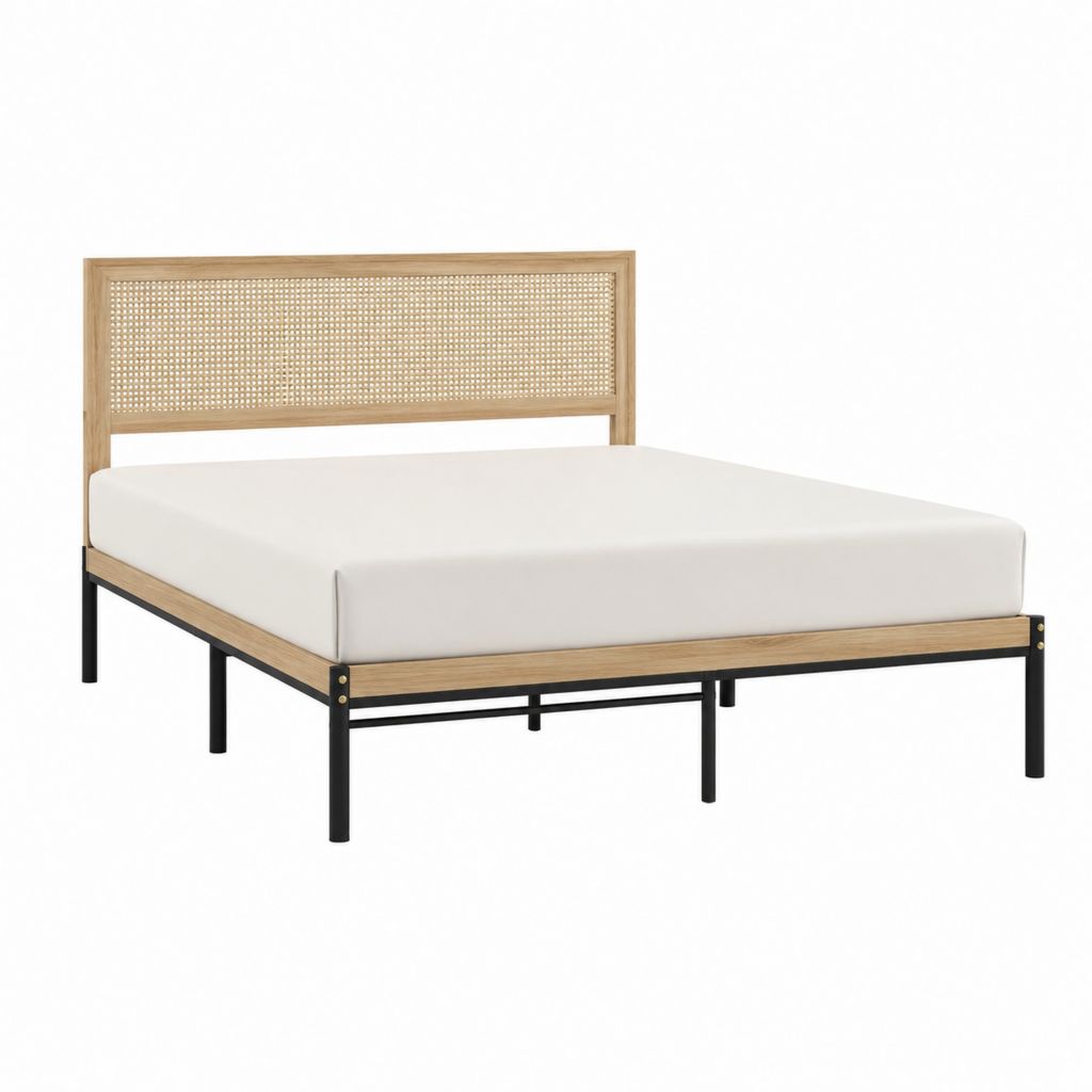 Doppelbett Bettgestell Natur Schwarz Massivholz Stahl Rattan 160 x 200 cm