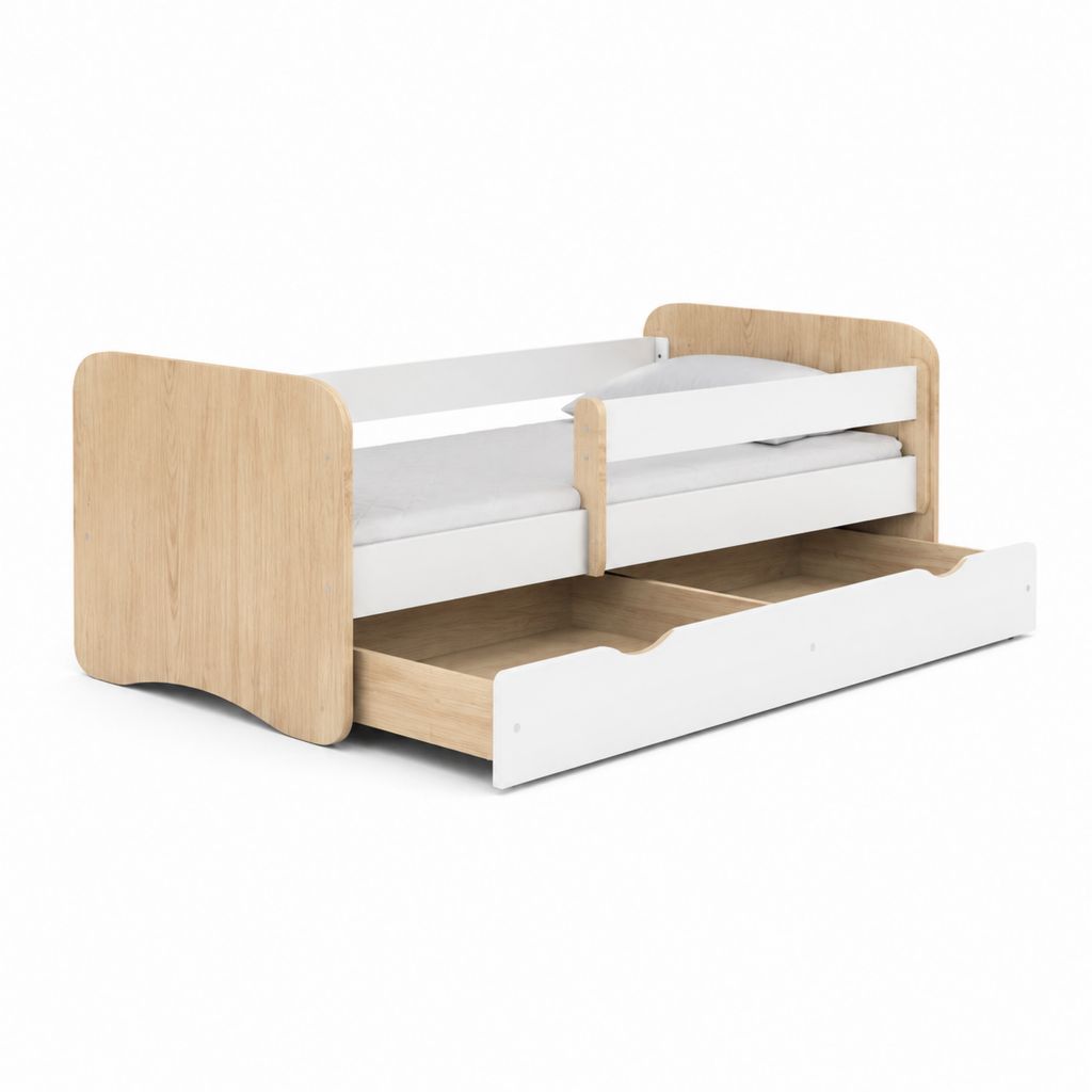 Kinderbett mit Rausfallschutz und Bettkasten Weiß Eiche-Optik Spanplatte 160 x 80 cm